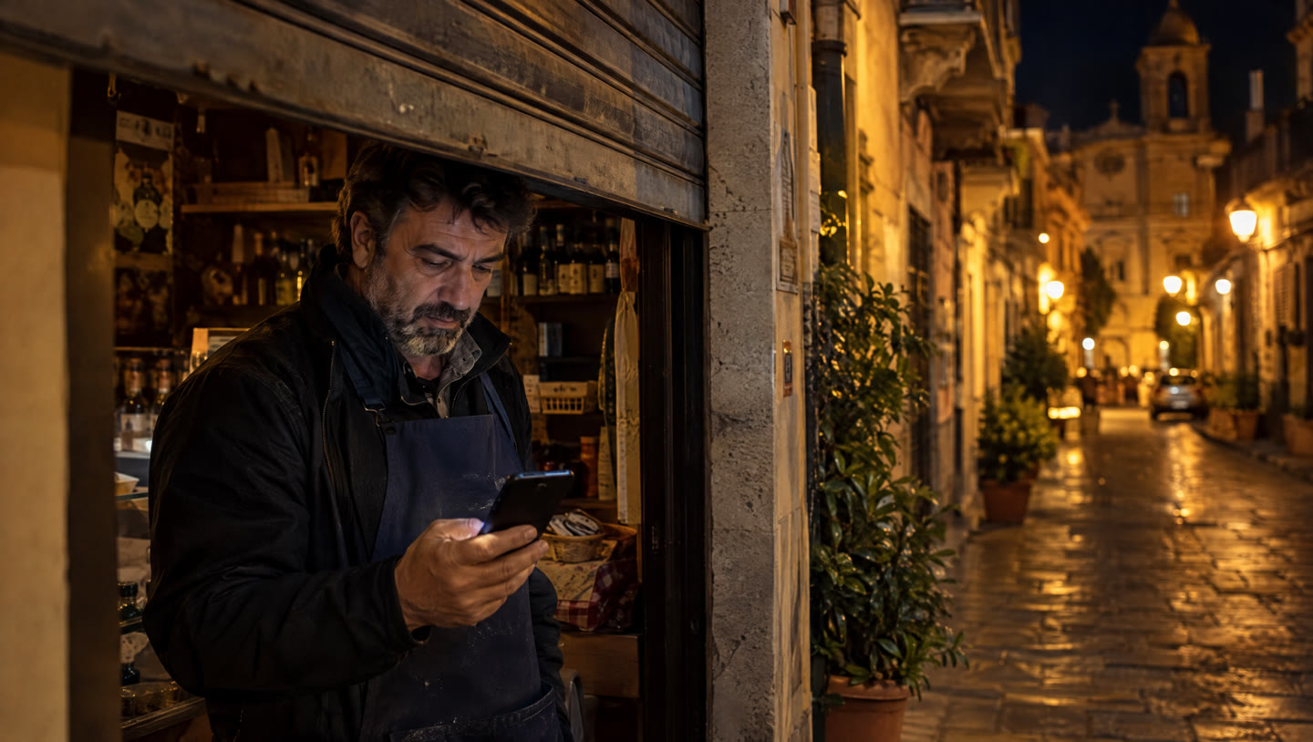 Un commerciante legge un messaggio di un cliente mentre chiude il negozio